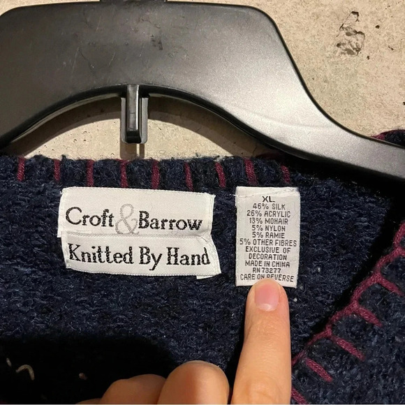 Retro Croft Barrow Hand Knit Christmas Holiday Sweater Cardigan XL Blue Red - Picture 3 of 11